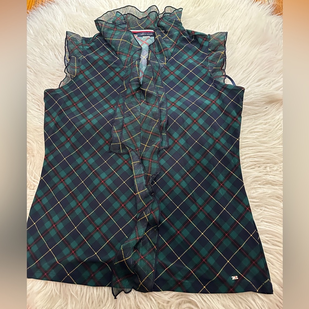 Tommy Hilfiger green and navy plaid blouse